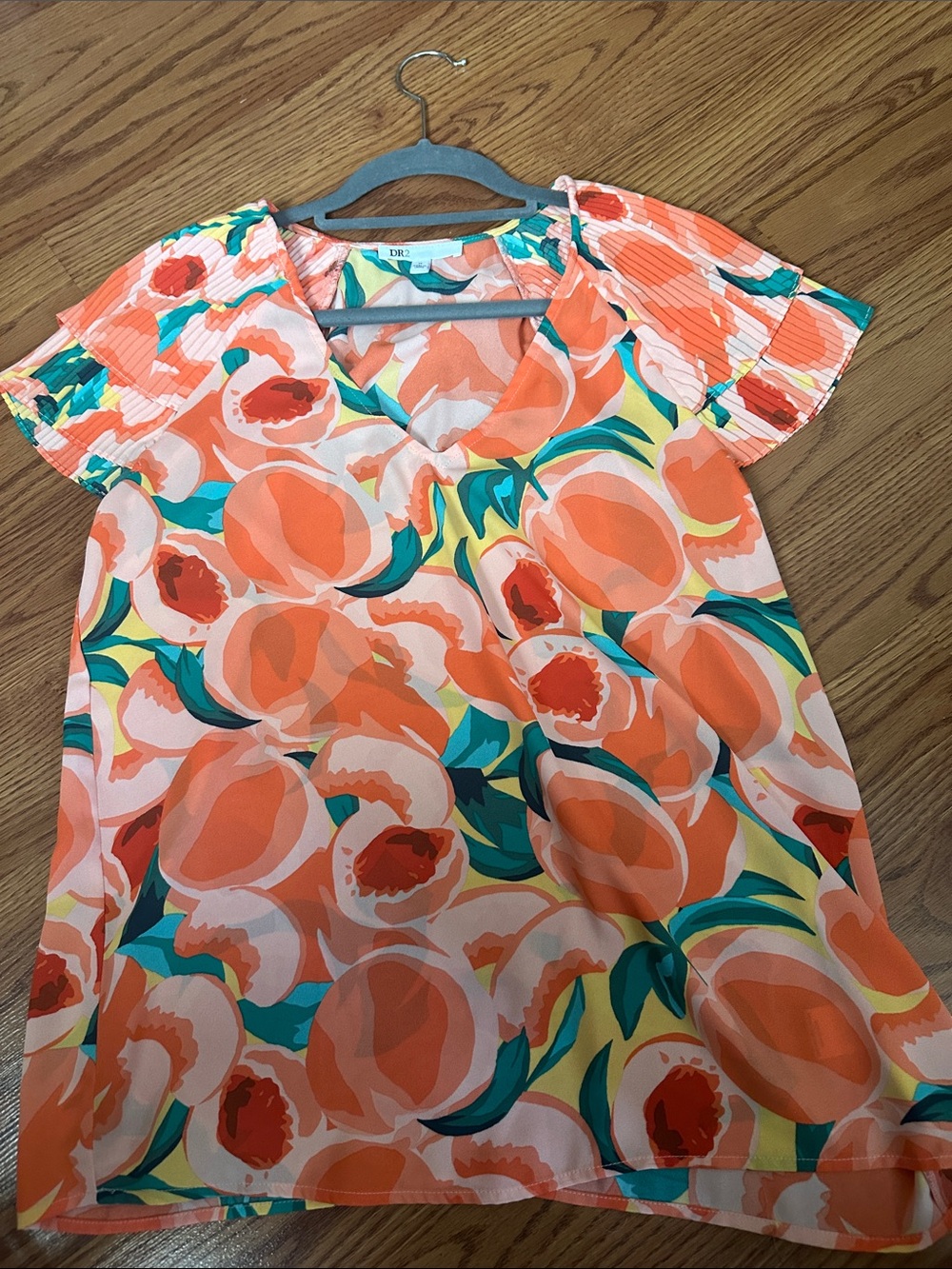 DR2 Orange Coral Floral V-Neck Short Sleeve Tunic